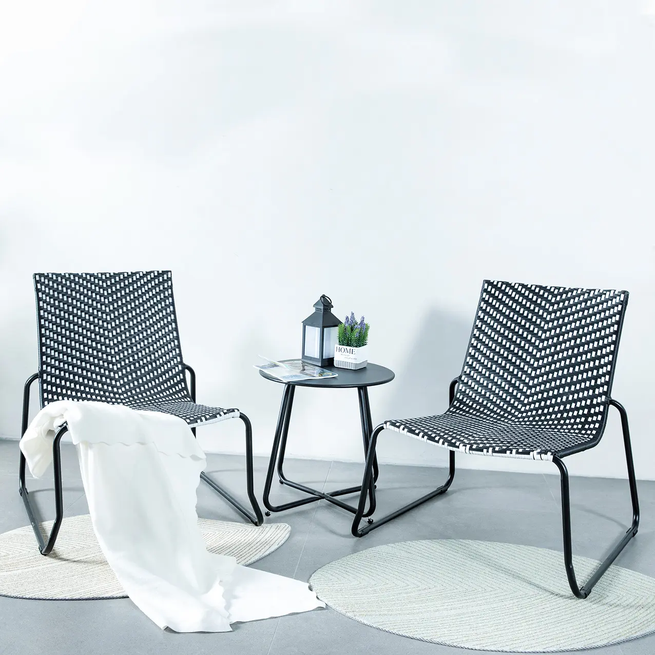 Woven Rope Patio Conversation Bistro Set W/Glass Top Table and 2 Chairs